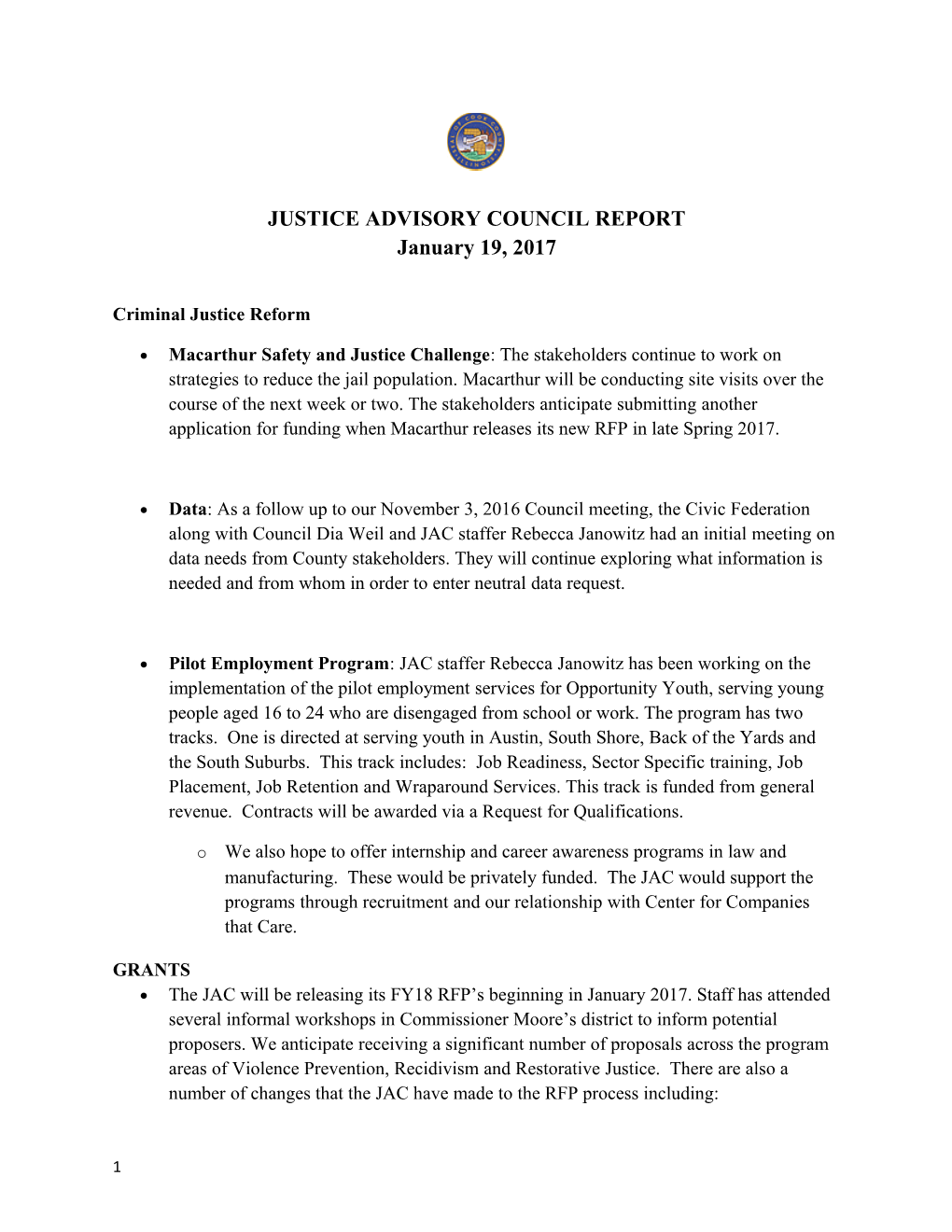 Justice Advisory Council Report