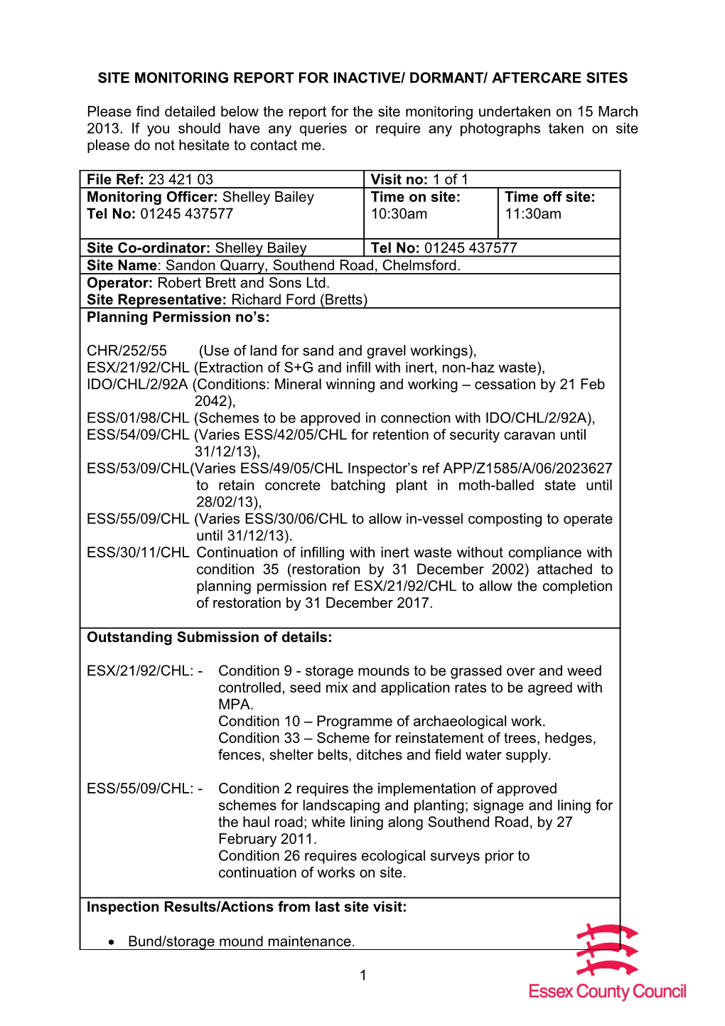 Site Monitoring Report for Inactive/ Dormant/ Aftercare Sites