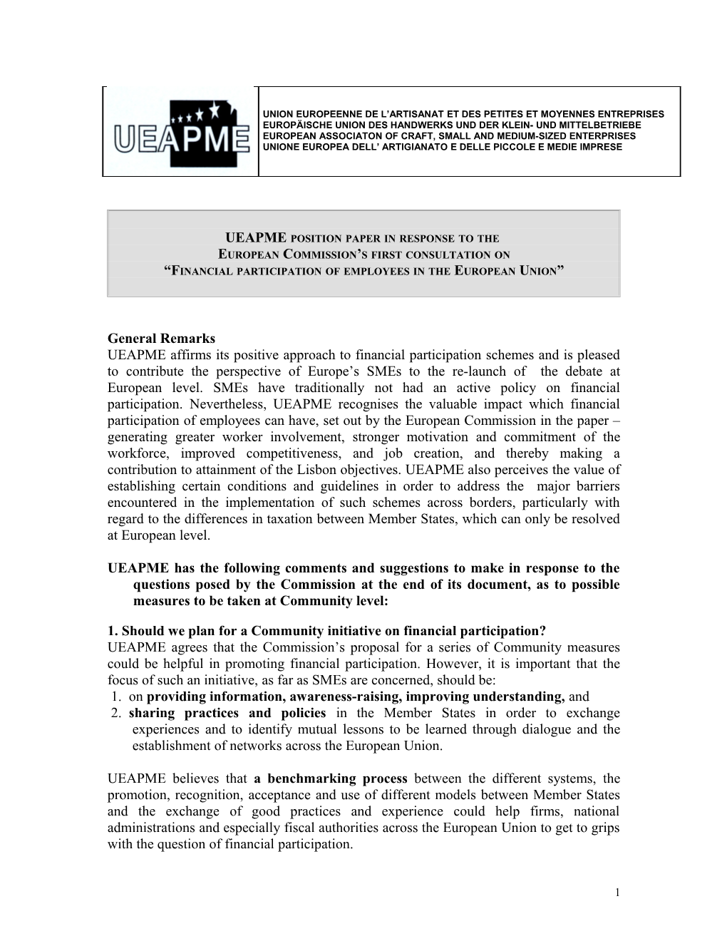 Ueapme Position Paper in Response to the European Commission S Consultation On