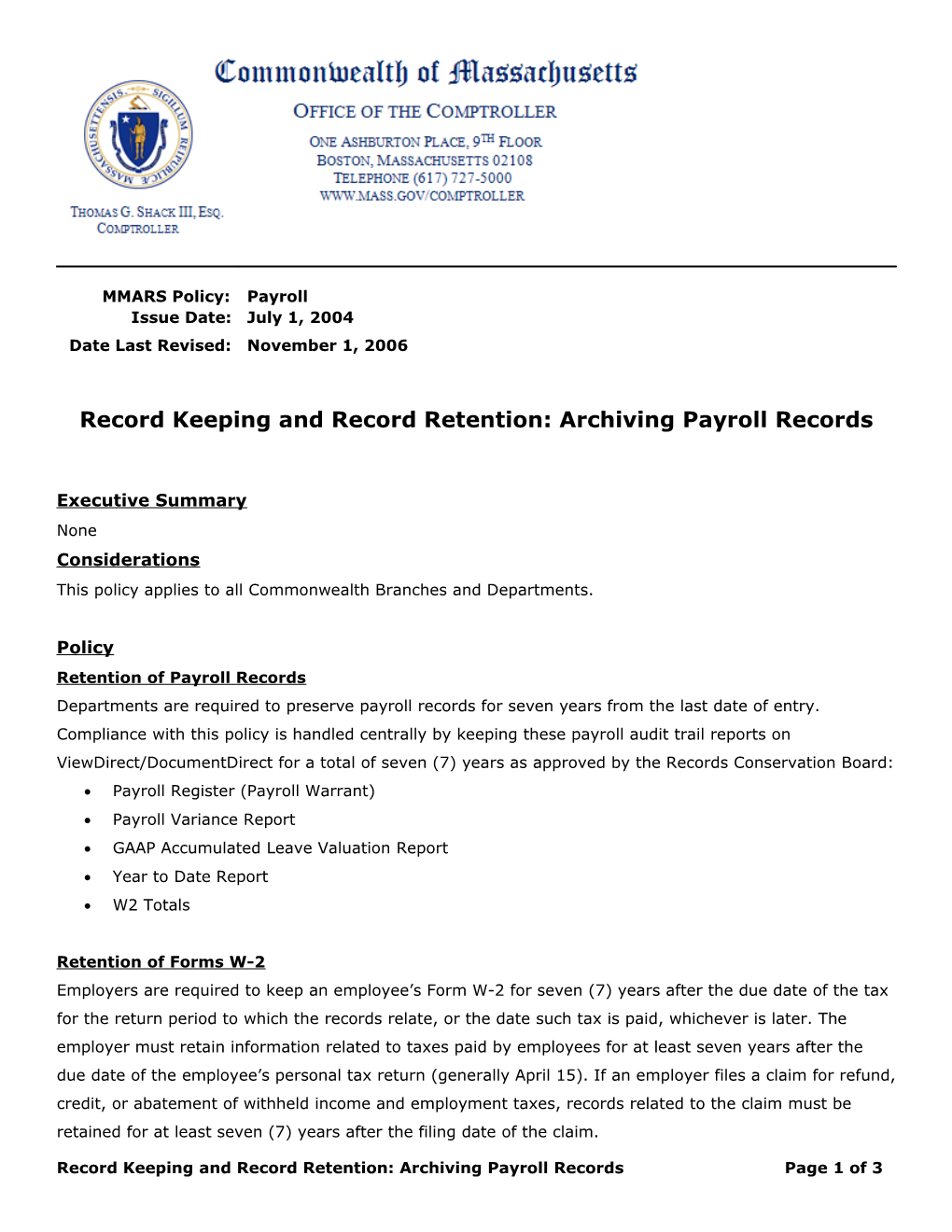 Record Keeping and Record Retention: Archiving of Payroll Records