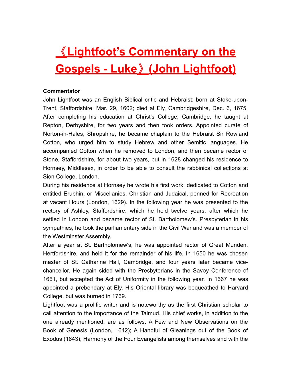 Lightfoot S Commentary on the Gospels - Luke (John Lightfoot)