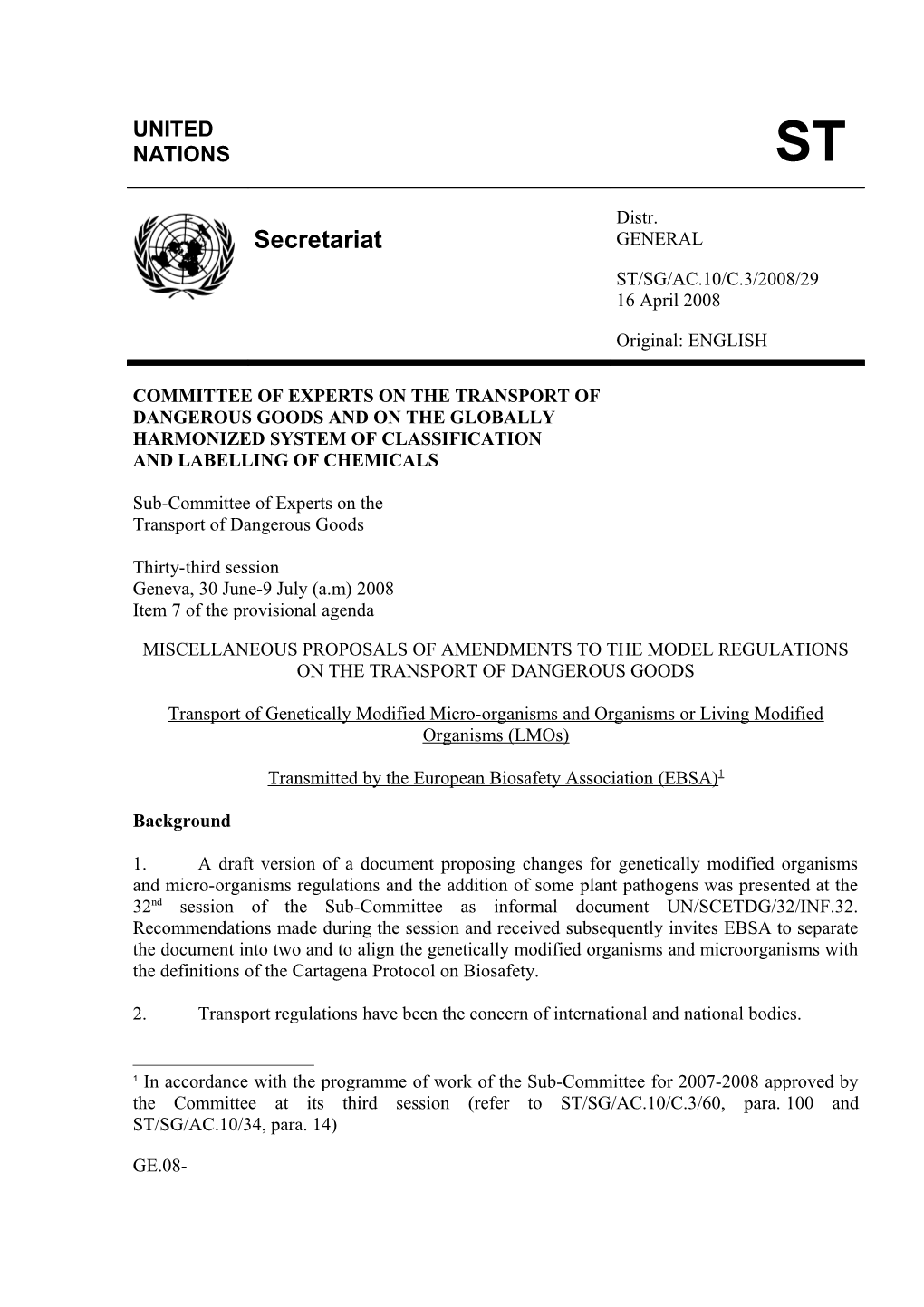 Transport of Genetically Modified Micro-Organisms and Organisms UN Model Regulations