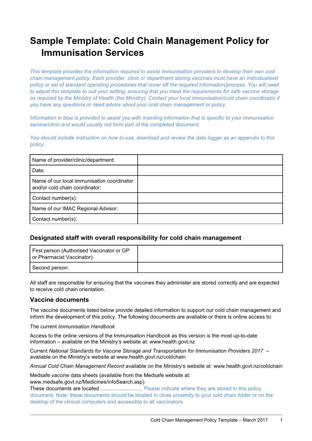 Sample Template: Cold Chain Management Policy for Immunisation Services