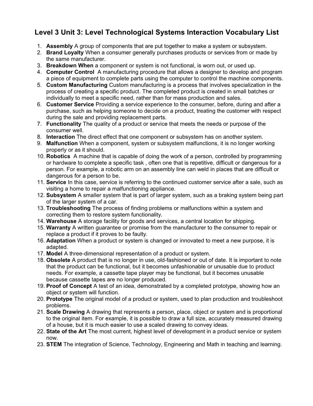 Level 3 Unit 3: Level Technological Systems Interactionvocabulary List