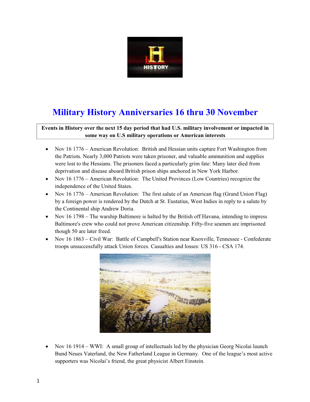 Military History Anniversaries 16 Thru 30 November