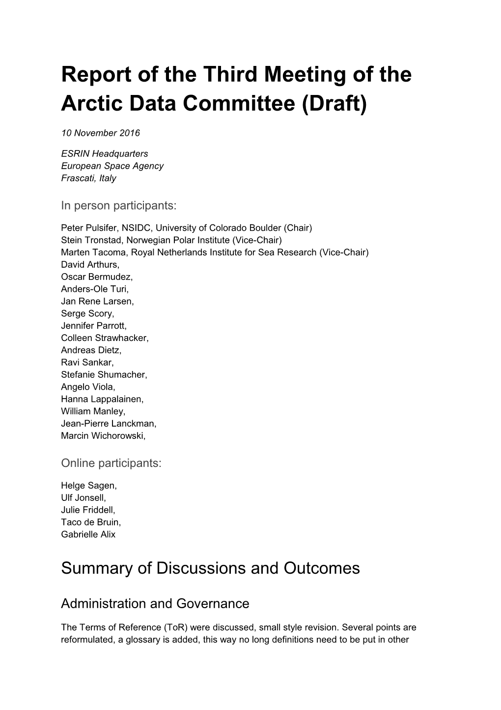 Report of the Third Meeting of the Arctic Data Committee (Draft)