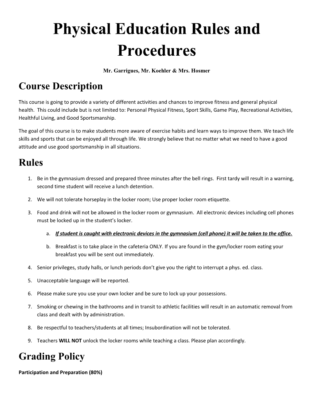 Physical Education Rules and Procedures