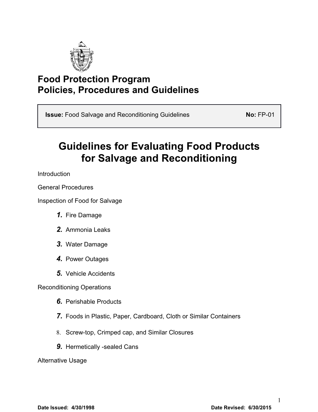 Guidelines for Evaluating Food Products for Salvage and Reconditioning