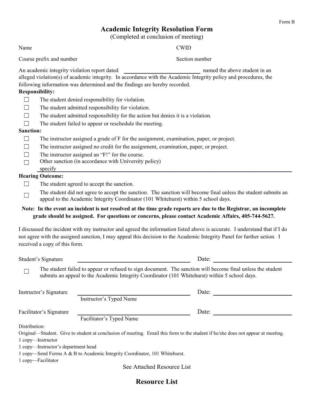 Academic Integrity Resolution Form