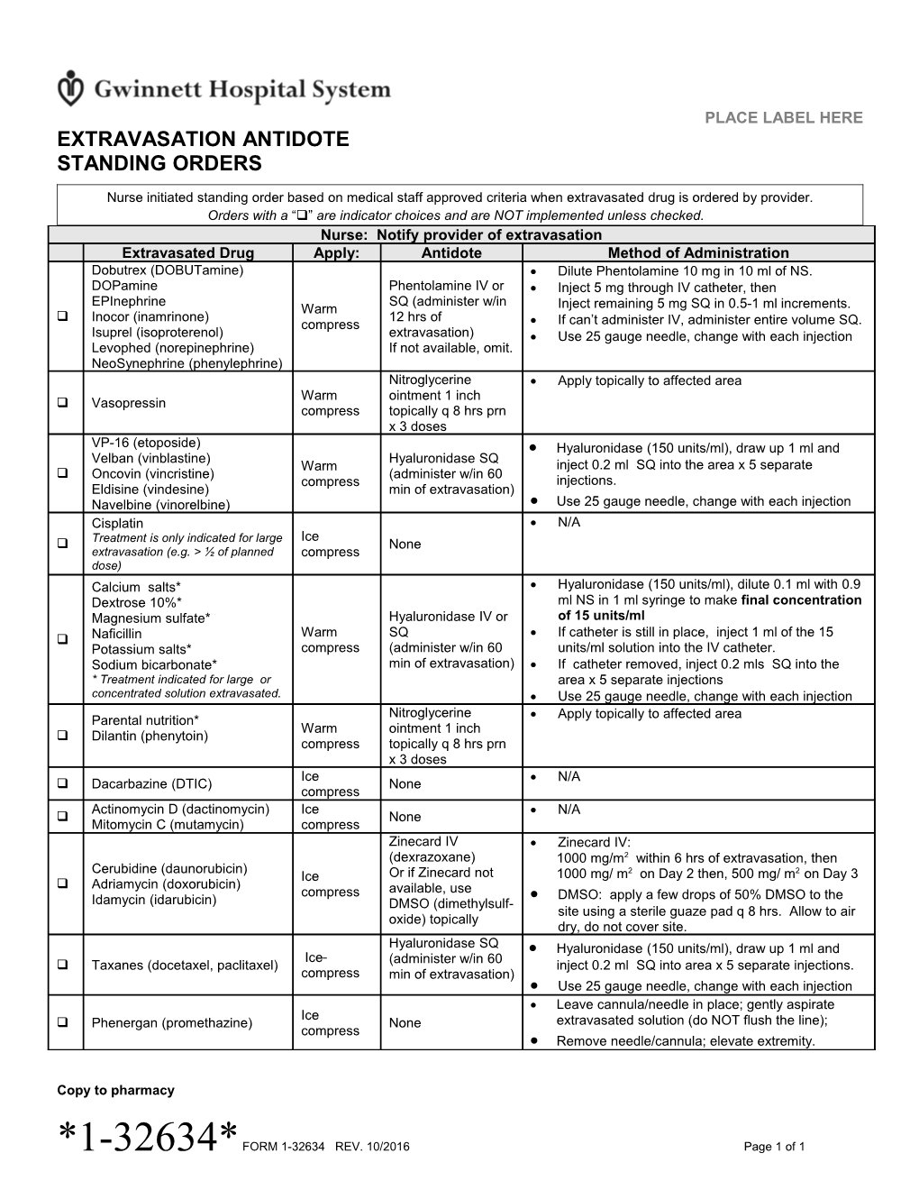 Extravasation Antidote Standing Orders