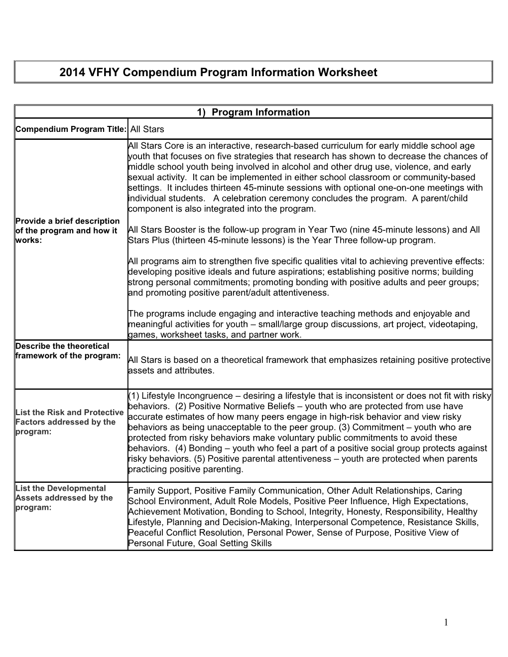 VTSF Compendium Program Information Worksheet