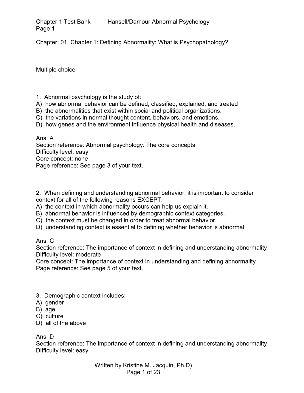 Chapter 1 Test Bankhansell/Damour Abnormal Psychology