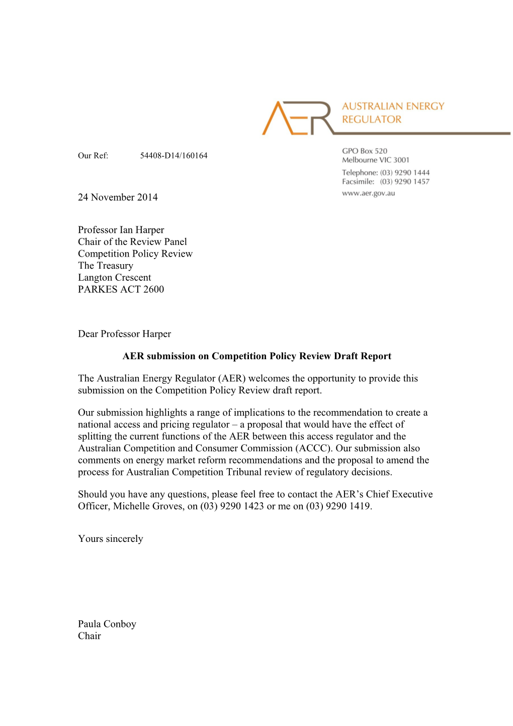 AER Submission on Competition Policy Review Draft Report