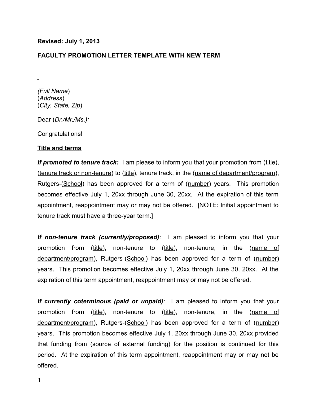 Faculty Offer Letter Template