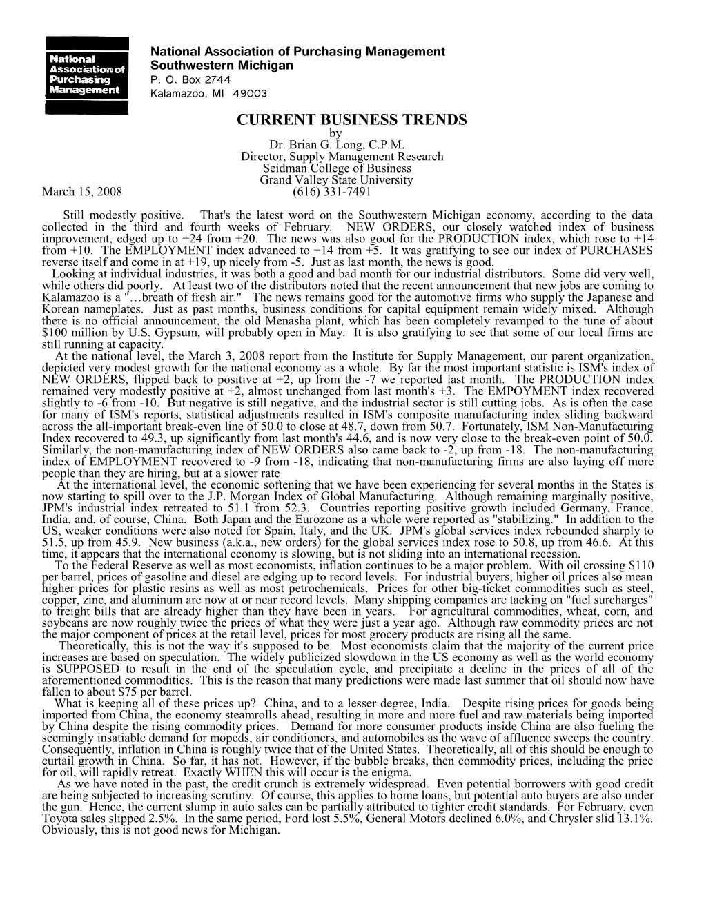 NAPM-Southwestern Michigan Current Business Trends Report on Business - February 2008