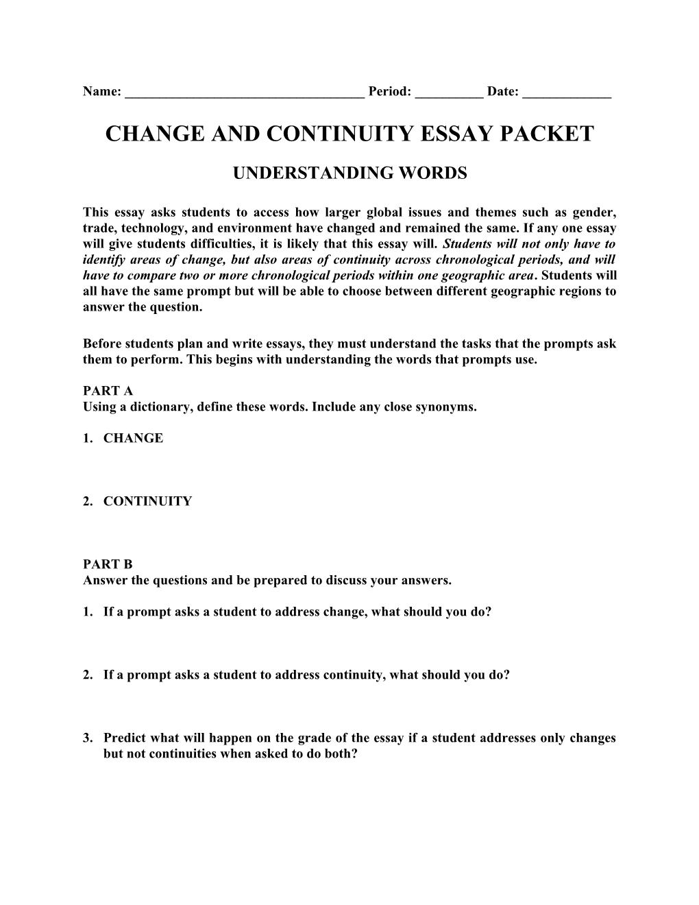 Change and Continuity Essay Packet