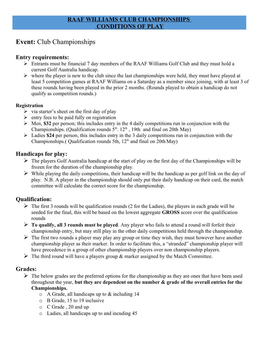 RAAF Williams Golf Club Honour Board Event Conditions of Play