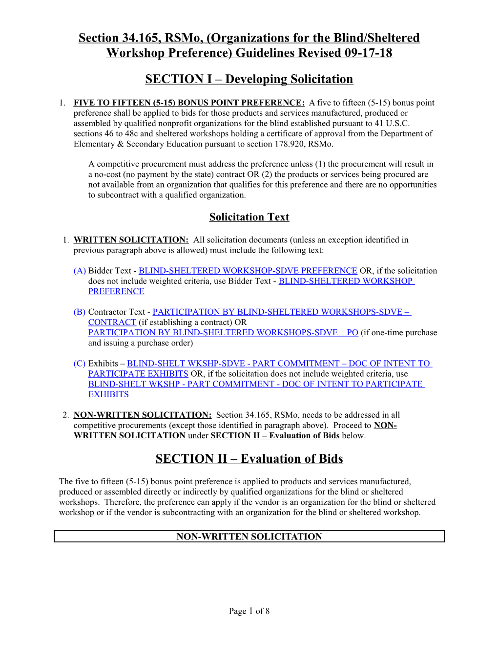 Section 34.165, Rsmo, (Organizations for the Blind/Sheltered Workshop Preference) Guidelines