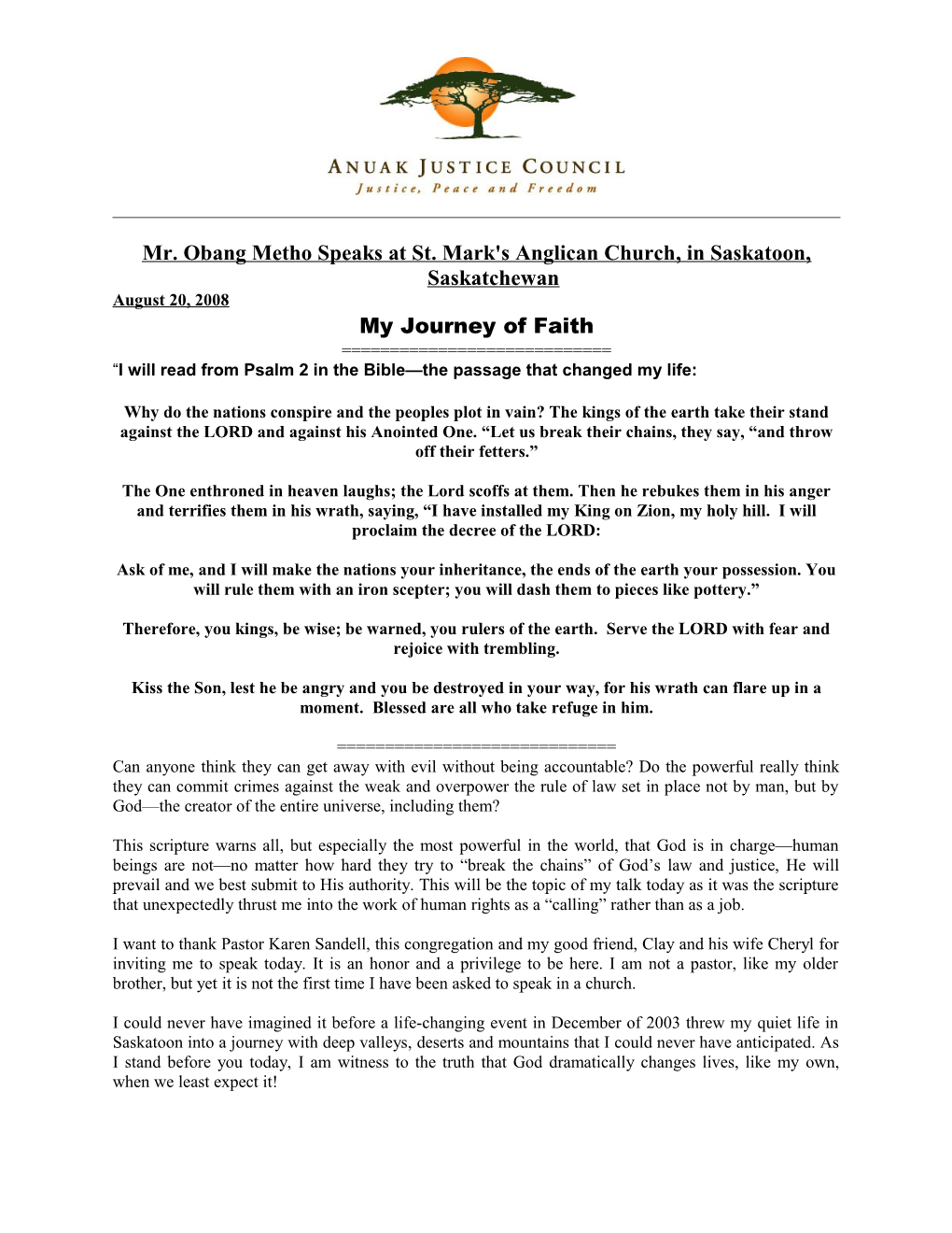 Mr. Obang Metho Speaks Atst. Mark's Anglican Church, in Saskatoon,Saskatchewan
