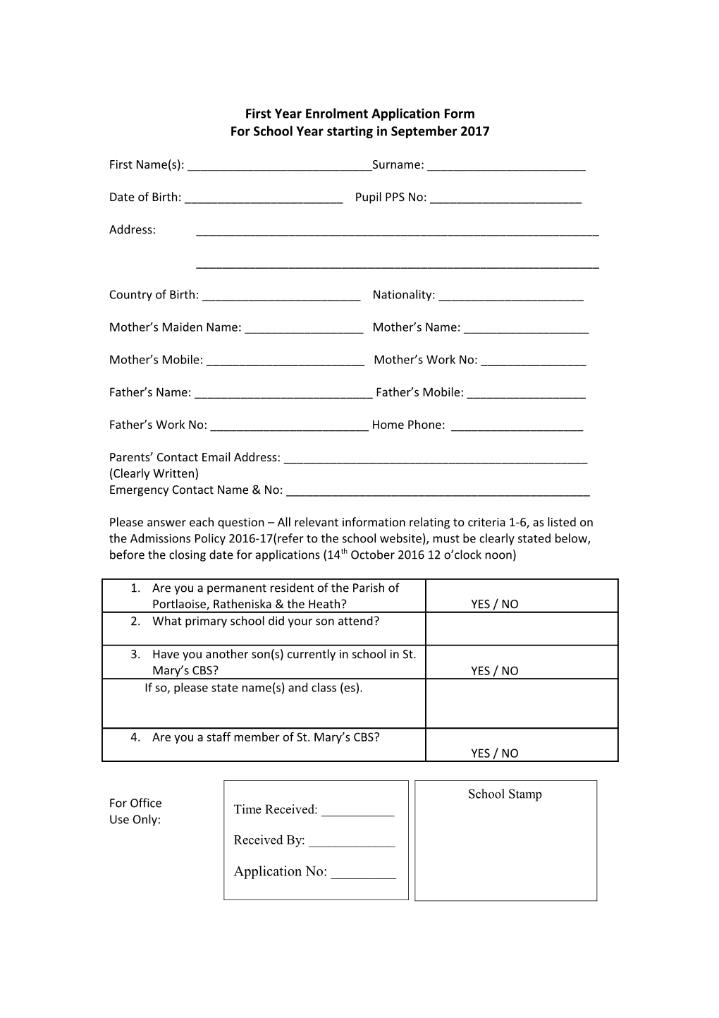 First Year Enrolment Application Form