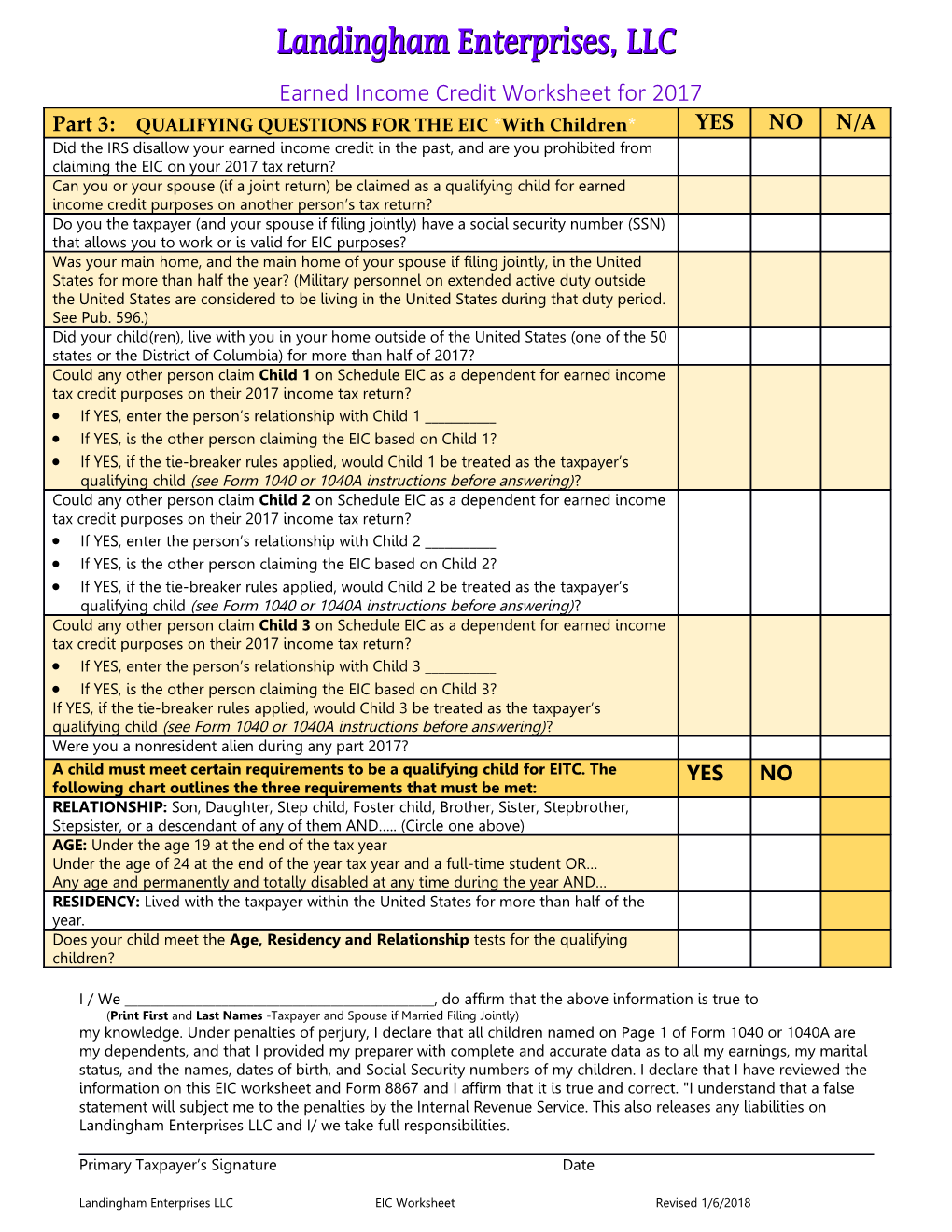 Earned Income Credit Worksheet for 2017
