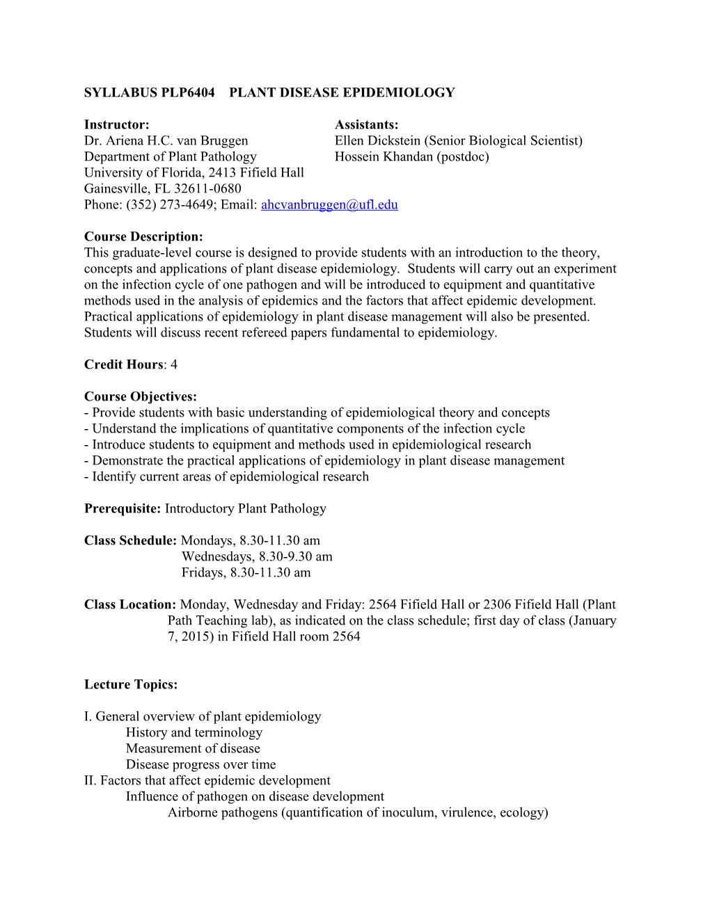 SYLLABUS PLP6404 Plant Disease Epidemiology