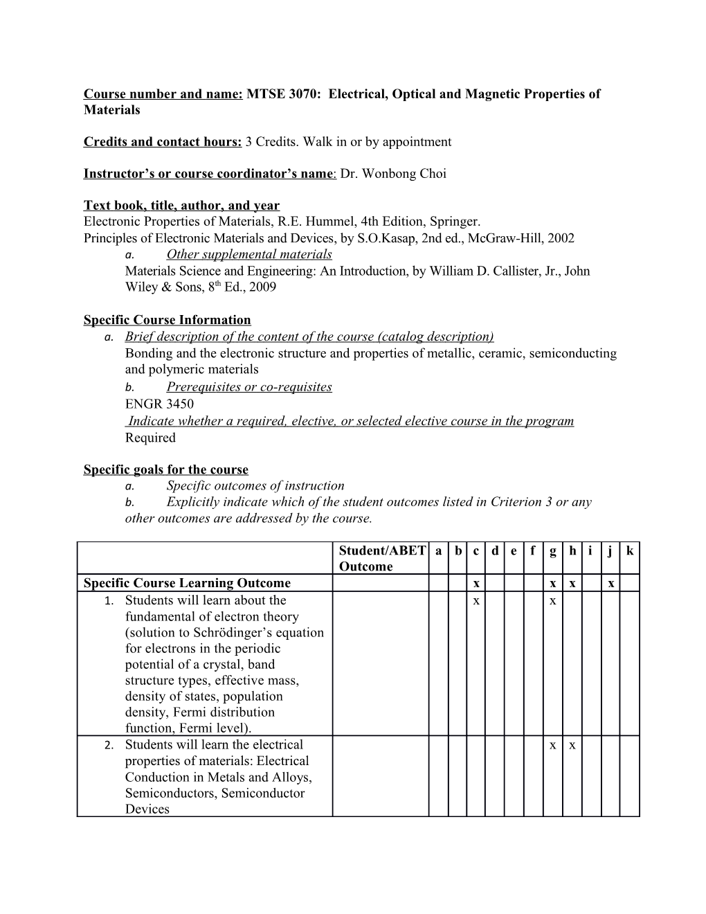 Coursenumber Andname:MTSE 3070: Electrical, Optical and Magnetic Properties of Materials