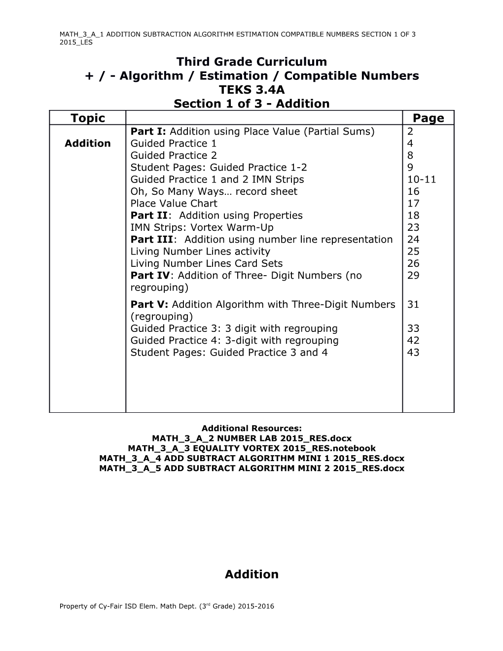 Math 3 a 1 Addition Subtraction Algorithm Estimation Compatible Numbers Section 1 of 3 2015 Les