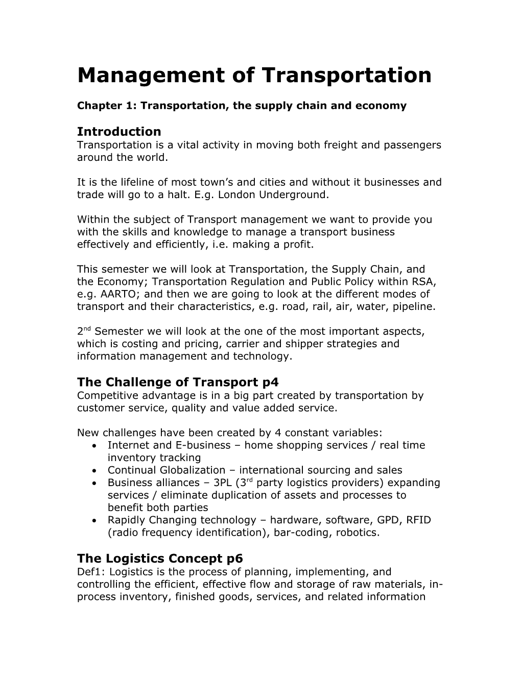 Chapter1: Transportation, the Supply Chain and Economy