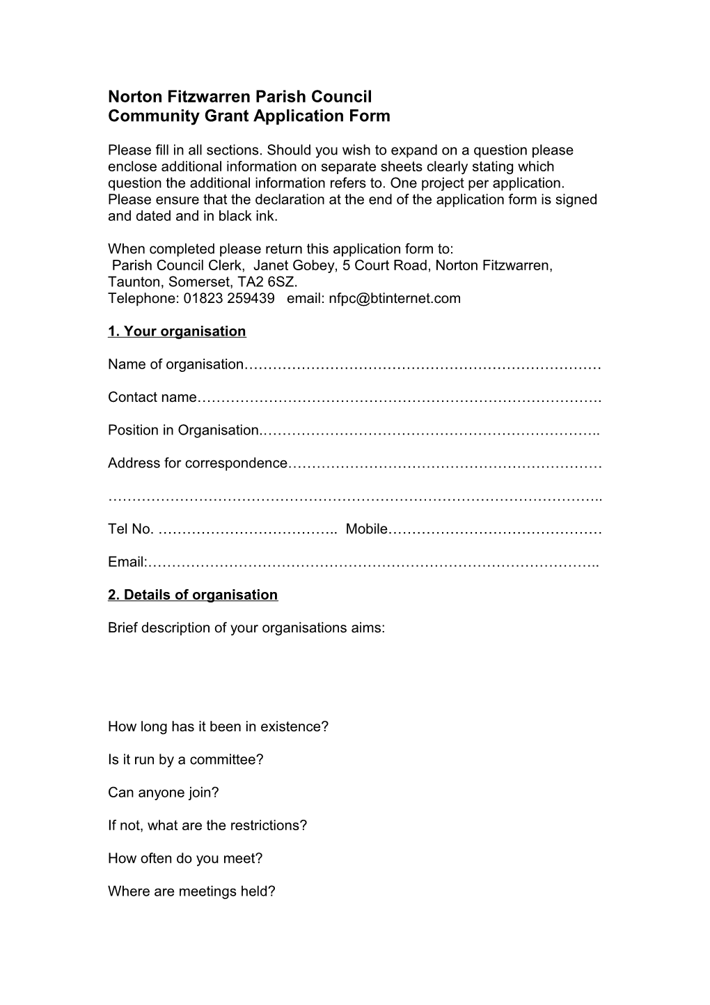 Whiteley Parish Council Community Grant Application Form