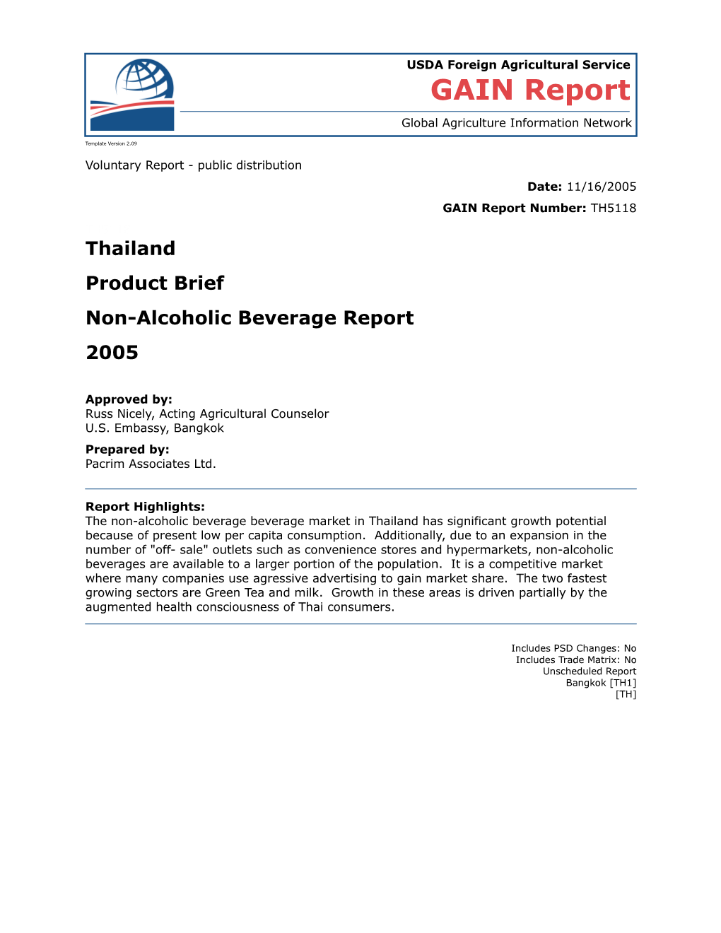 Thailand Product Brief Non-Alcoholic Beverage Report