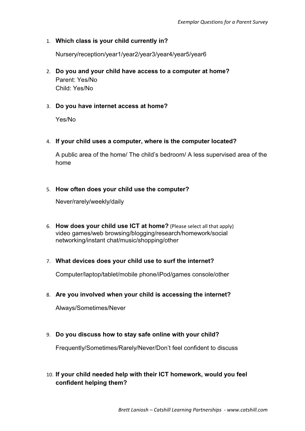Exemplar Questions for a Parent Survey