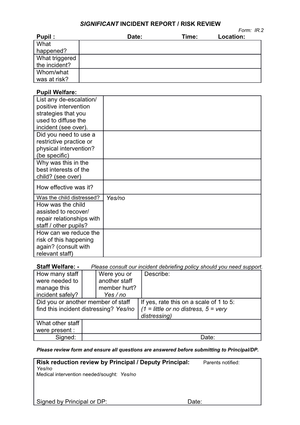 Significantincident Report / Risk Review