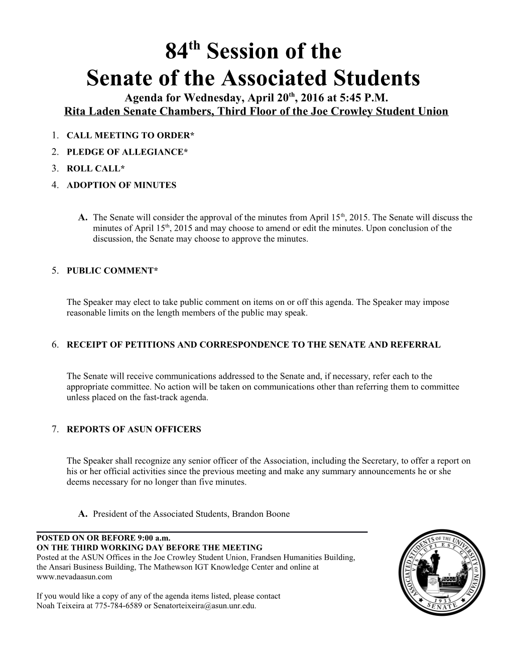 Senate of the Associated Students Agenda