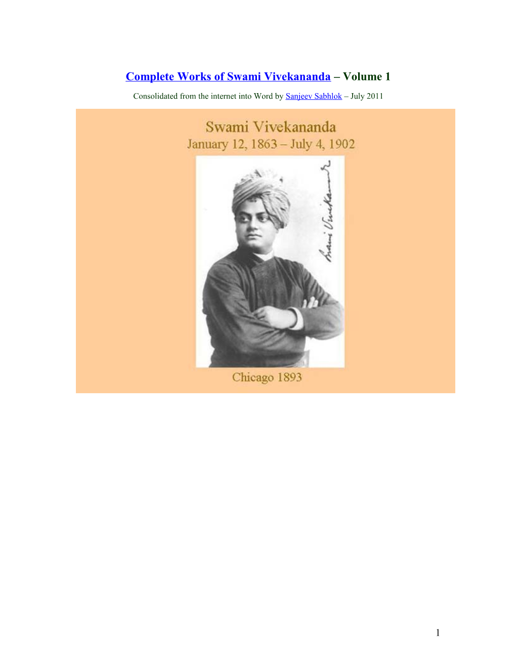 Complete Works of Swami Vivekananda Volume 1