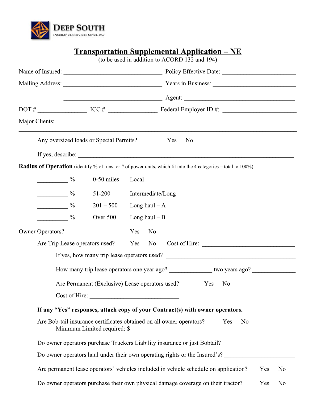 Transportation Supplemental Application NE