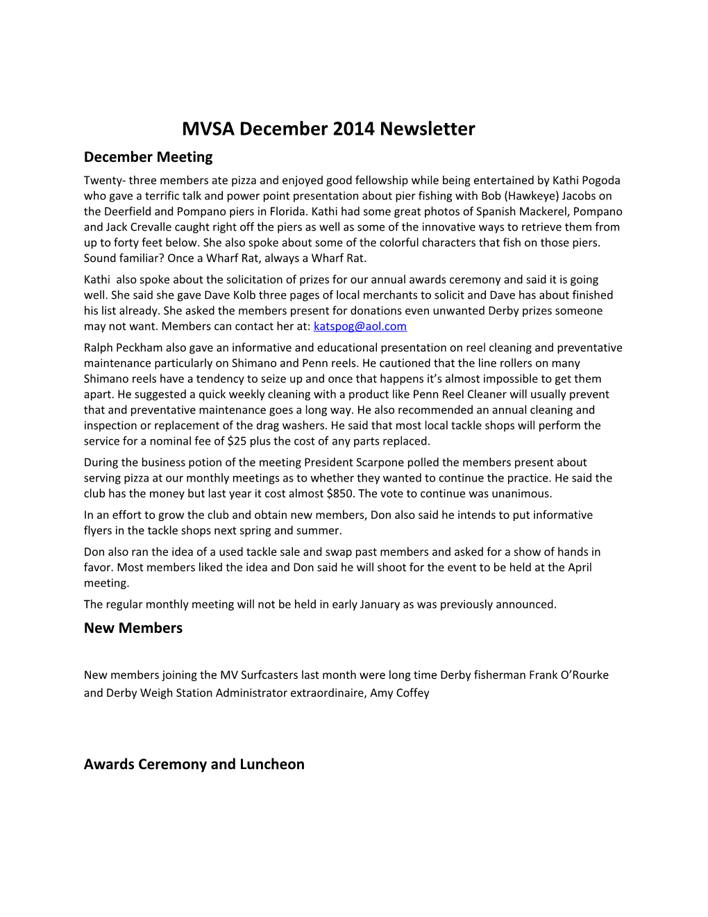 MVSA December 2014 Newsletter