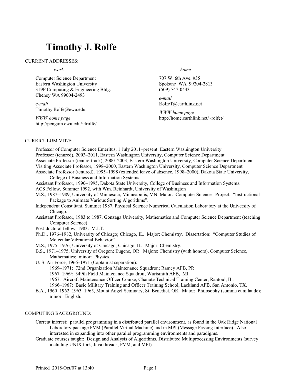 Resume for Timothy J. Rolfe
