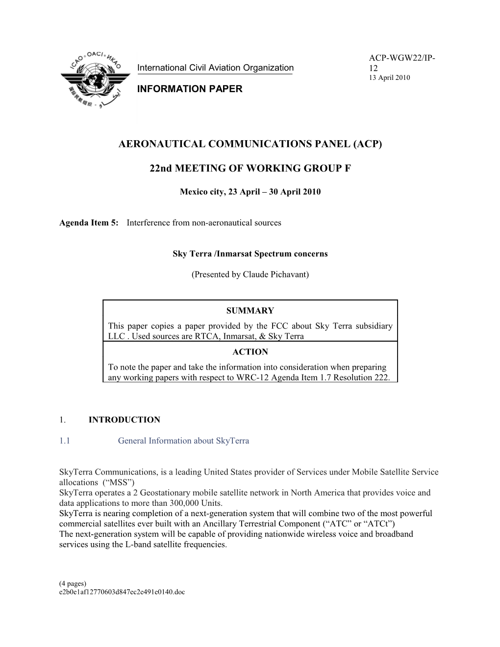 Sky Terra /Inmarsat Spectrum Concerns