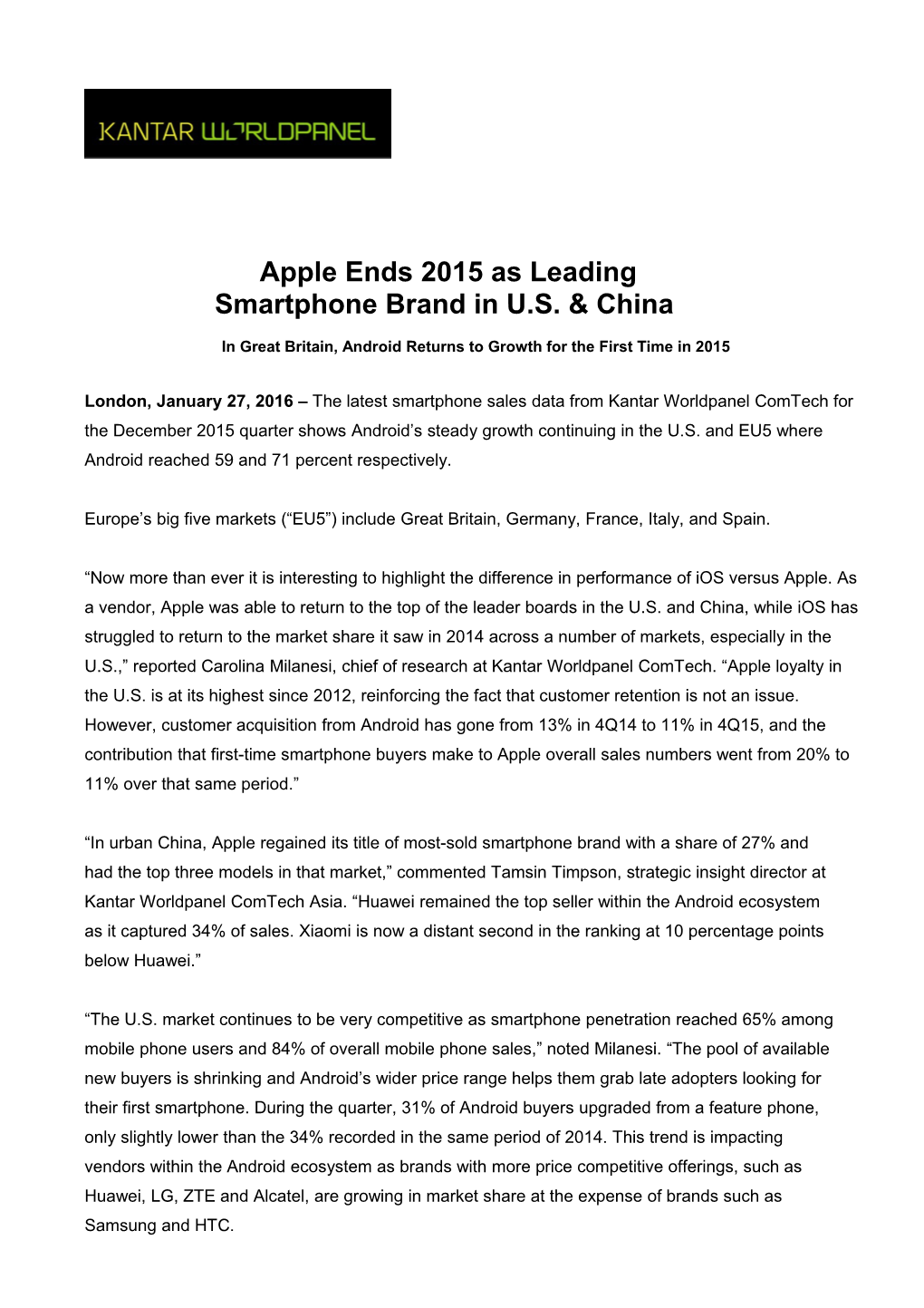 Apple Ends 2015 As Leading Smartphone Brand in U.S. China
