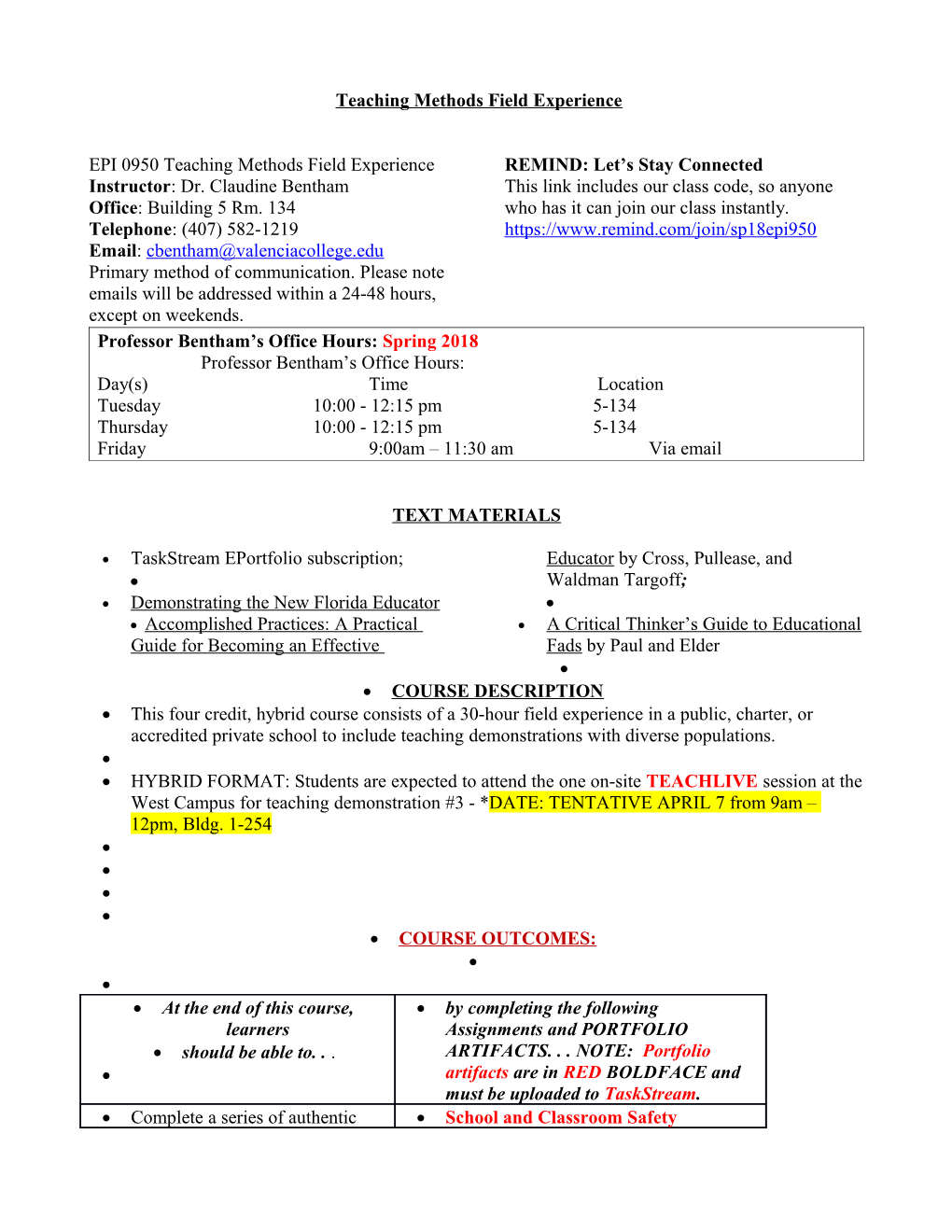 EPI 0950 Teaching Methods Field Experience