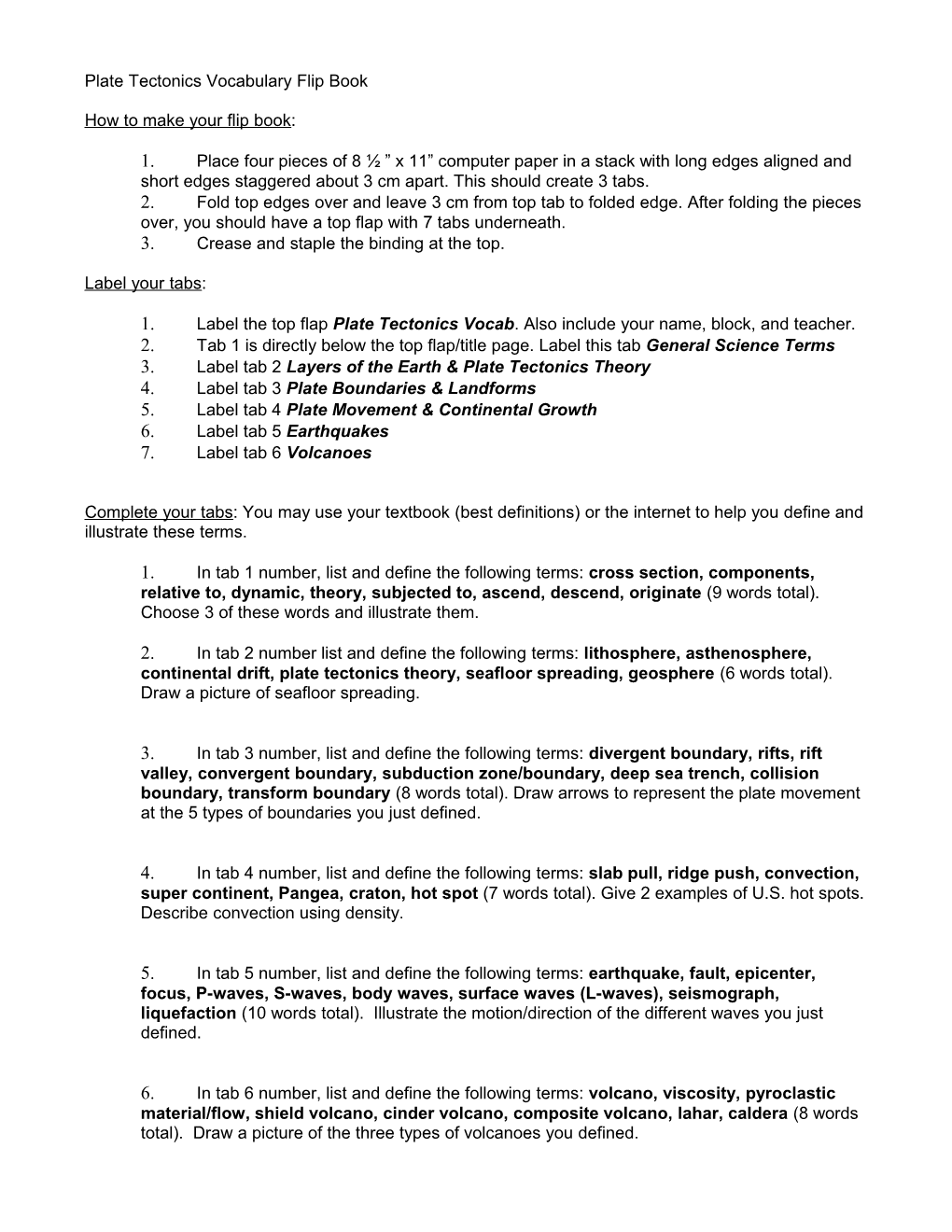 Plate Tectonics Vocabulary Flip Book