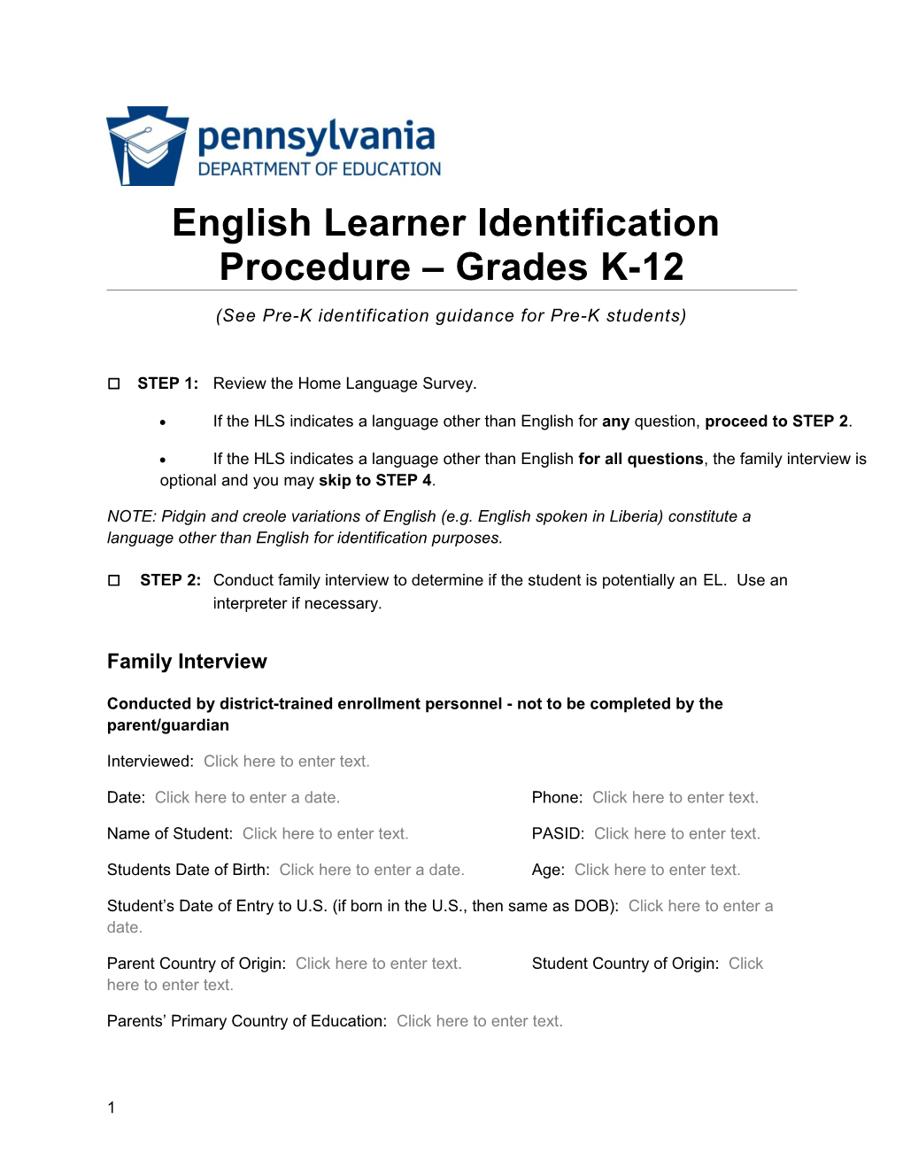 English Learner Identification Procedure - Grades K-12