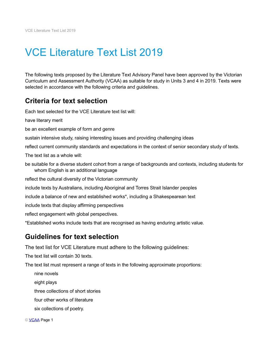 VCE Literature Text List 2019