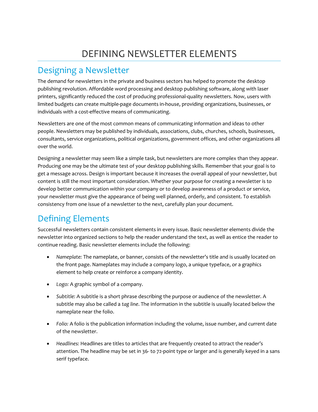 Defining Newsletter Elements