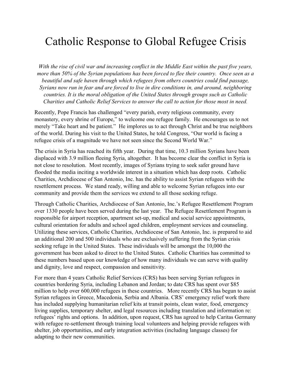 Catholic Response to Global Refugee Crisis