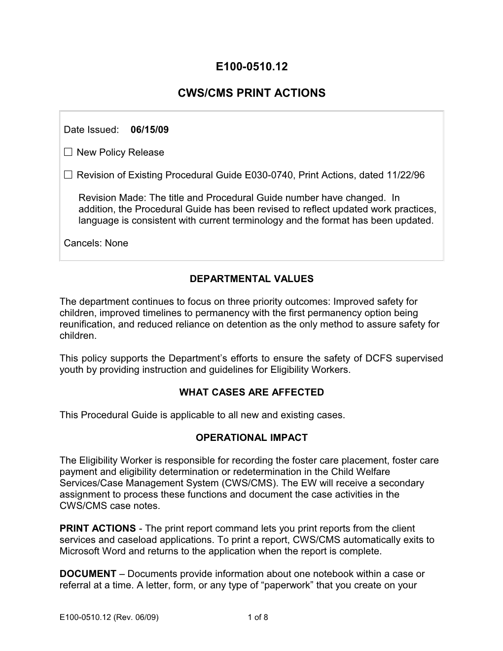 E0100-0510.12, CWS/CMS Print Actions