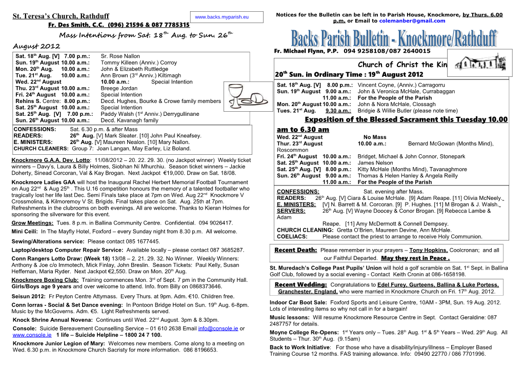 Mass Intentions from Sat. 18Th Aug. to Sun. 26Th August 2012