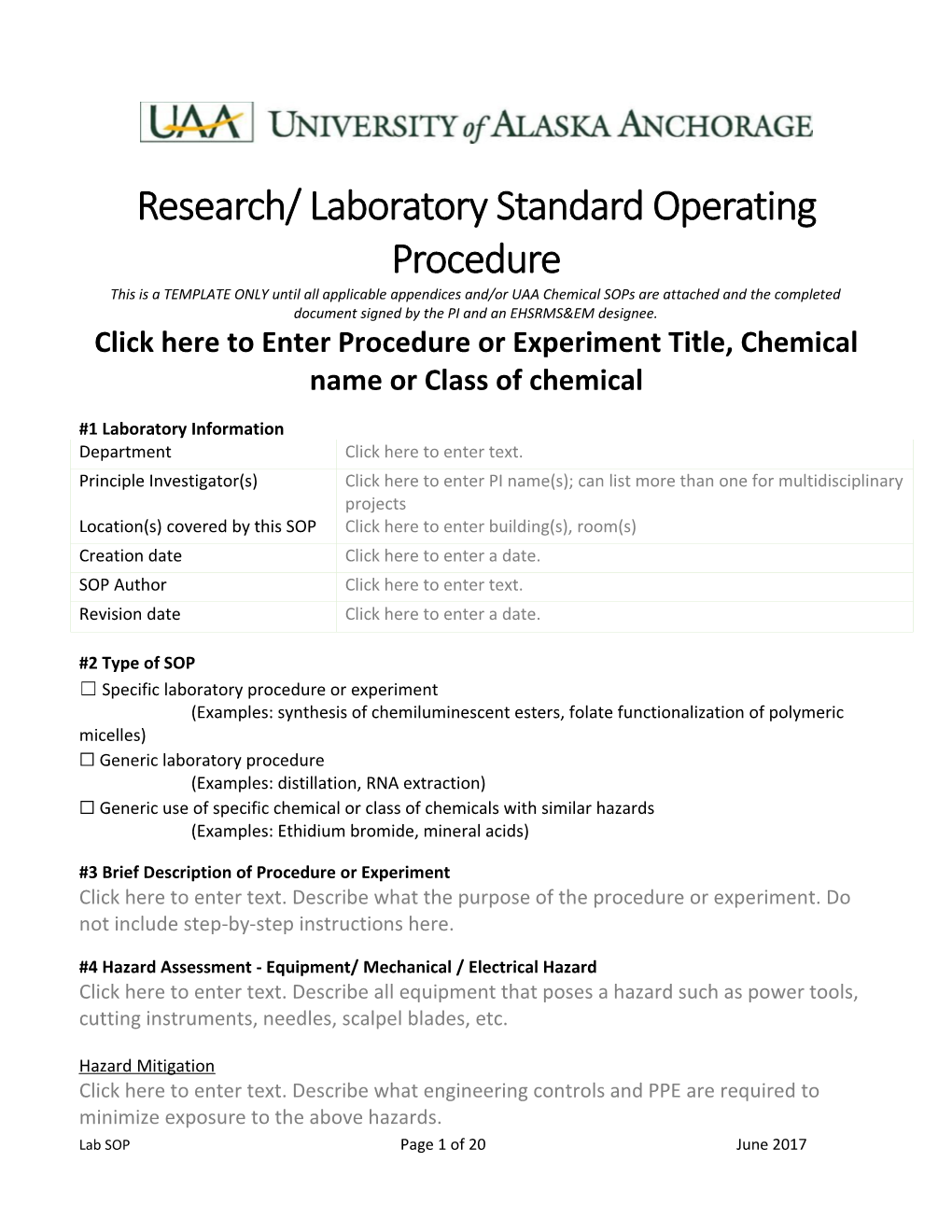 Research/ Laboratory Standard Operating Procedure