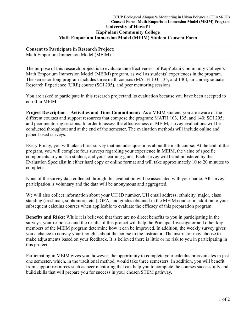 Consent Form: Math Emporium Immersion Model (MEIM) Program